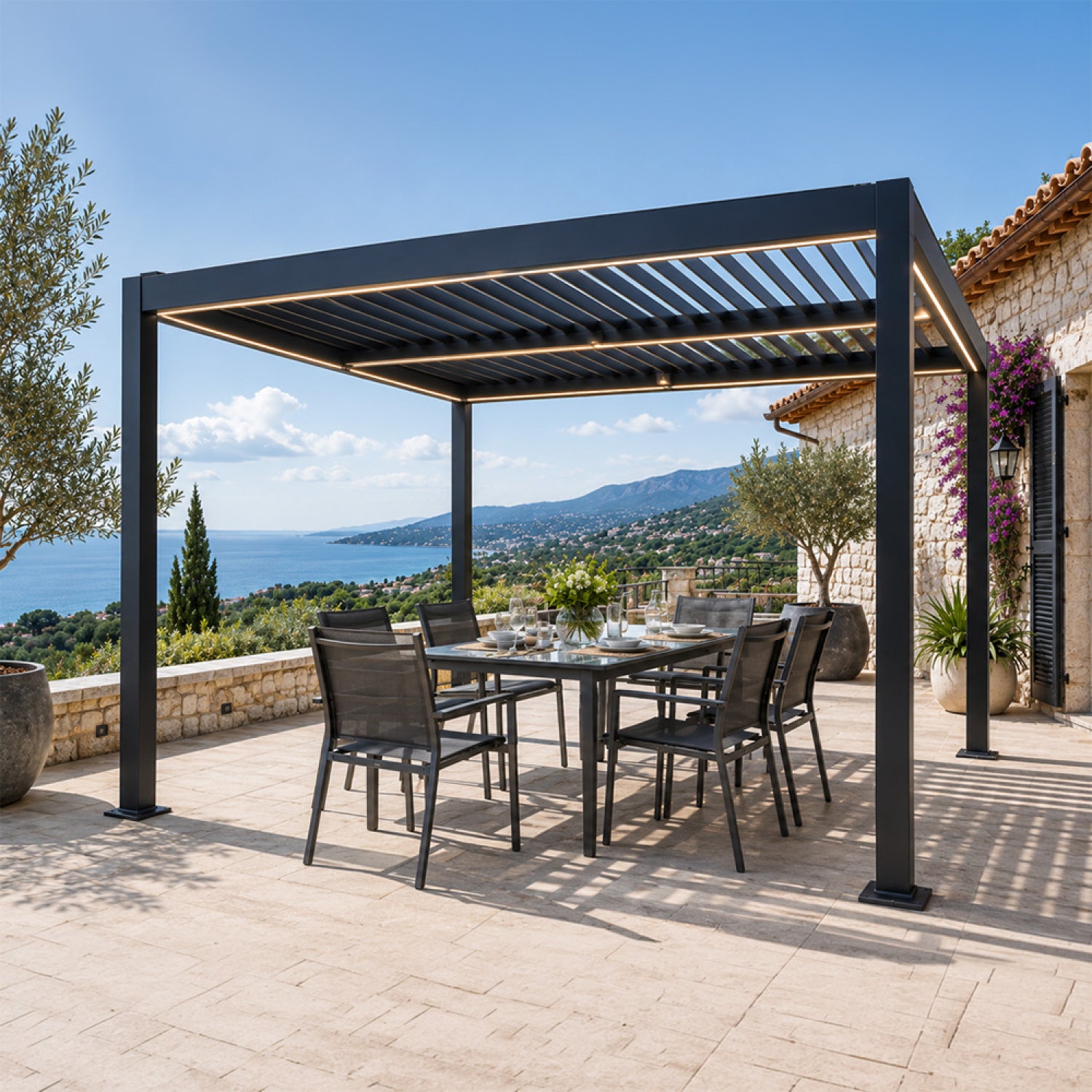 concept-usine-corfu-led-3x3m-pergola-bioclimatique-noire image 2