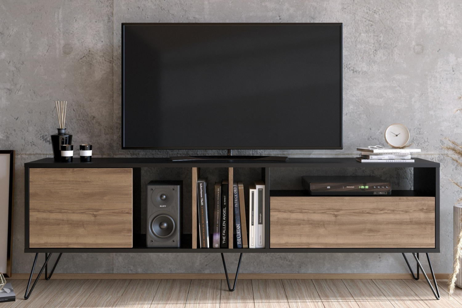 concept-usine-baylee-meuble-tv-180-cm-noir-et-bois image 2