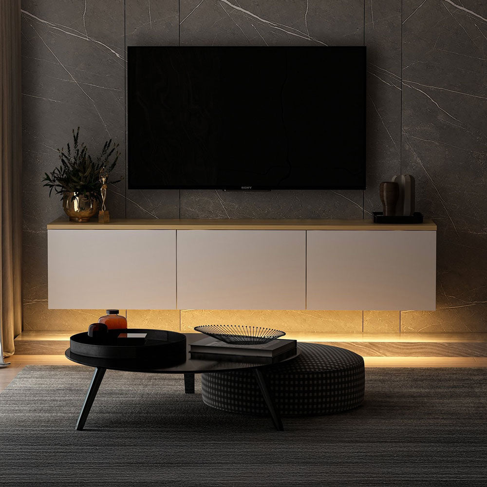 concept-usine-lumi-meuble-tv-suspendu-blanc-bois-led-160-cm image 2