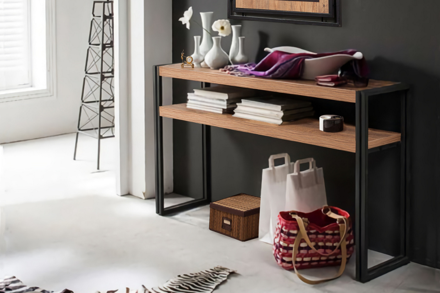 concept-usine-hanko-console-d-entr-e-140-cm-noir-et-bois-avec-tag-re image 3