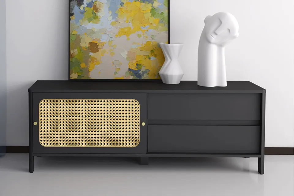 concept-usine-bali-meuble-tv-noir-cannage-140-cm-2-tiroirs image 1