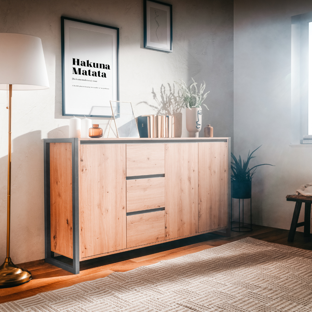 concept-usine-kotor-buffet-bois-ch-ne-160-cm-industriel-tiroirs image 2
