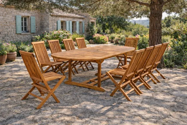 concept-usine-lubok-10-ovale-salon-jardin-teck-10-chaises-extensible image 1