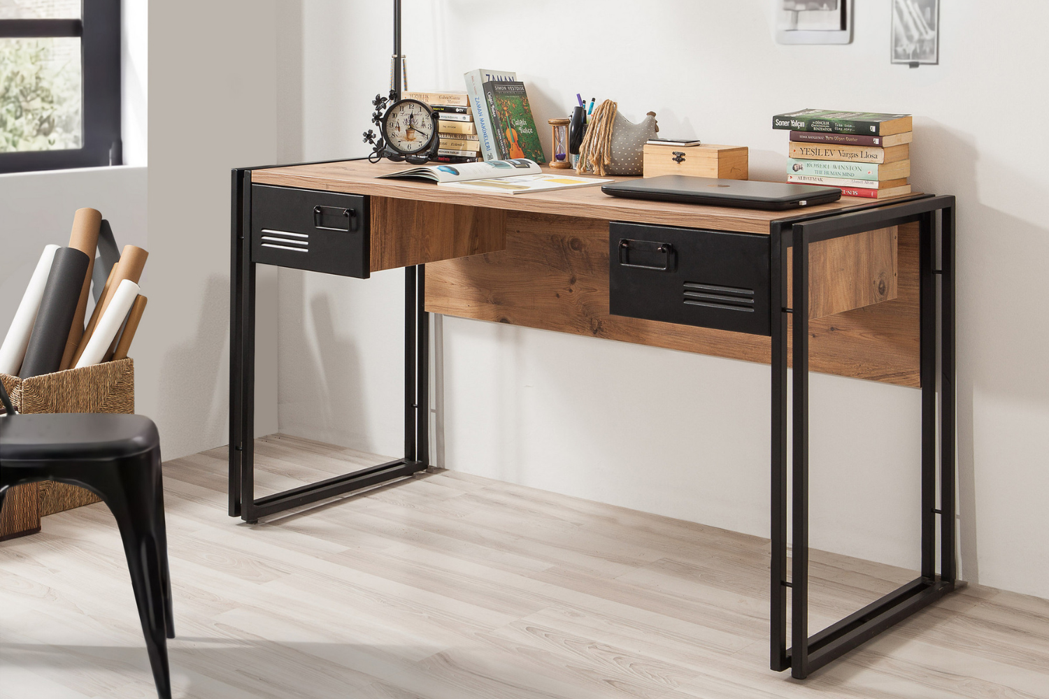 concept-usine-skirv-bureau-bois-m-tal-noir-avec-tiroirs image 1