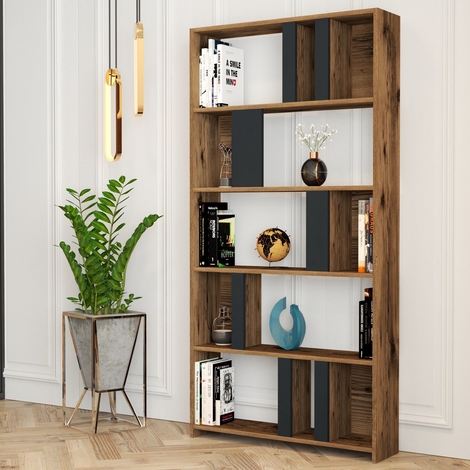 concept-usine-boby-biblioth-que-noyer-anthracite-12-niches image 1