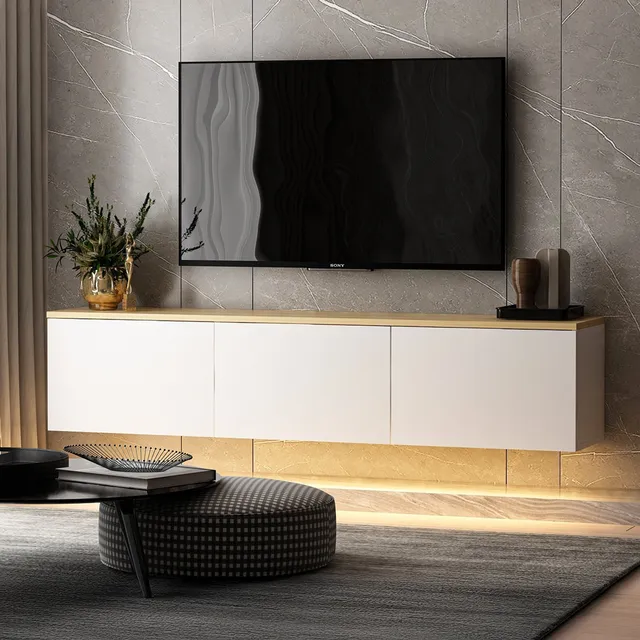 concept-usine-lumi-meuble-tv-suspendu-blanc-bois-led-160-cm image 1