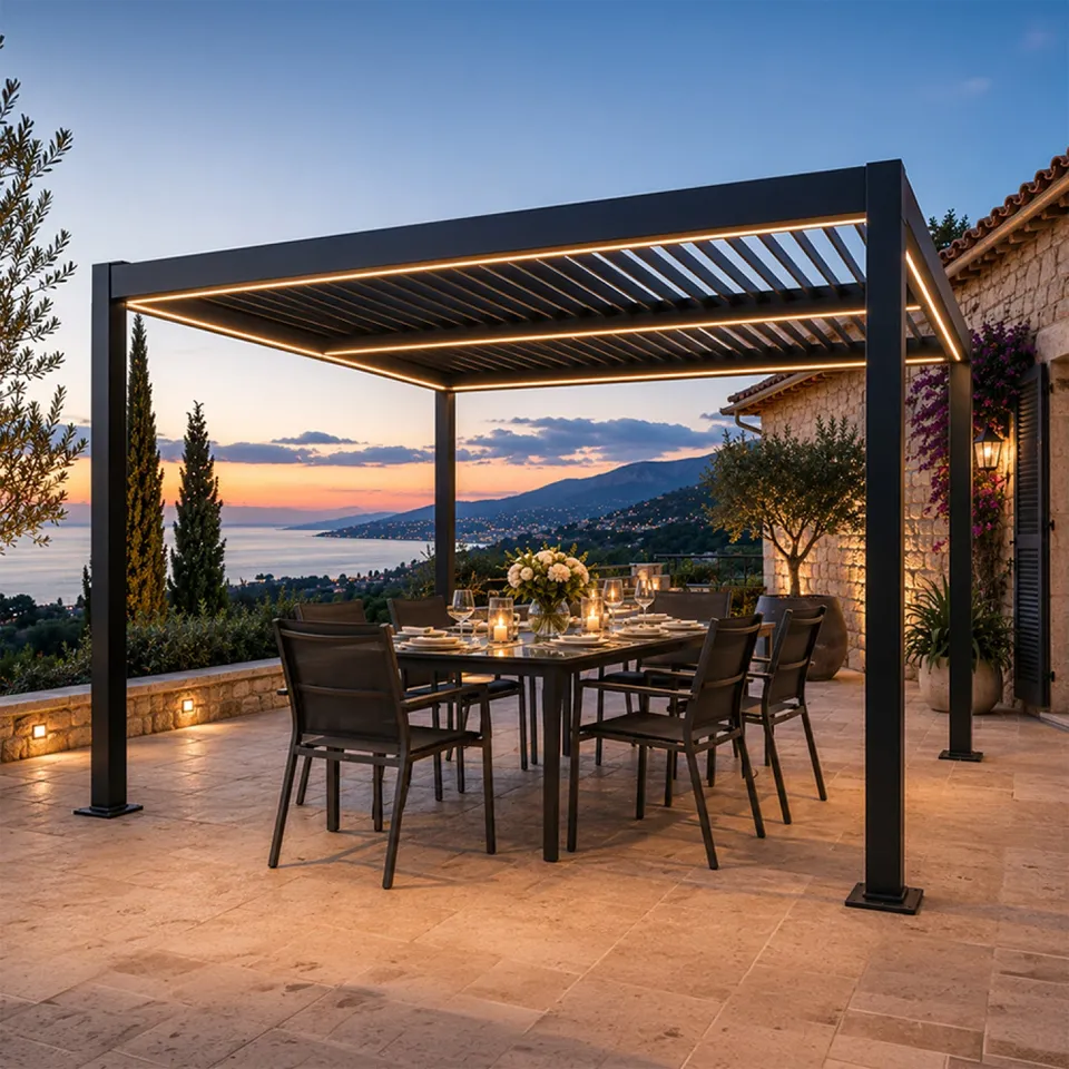 concept-usine-corfu-led-3x3m-pergola-bioclimatique-noire image 1