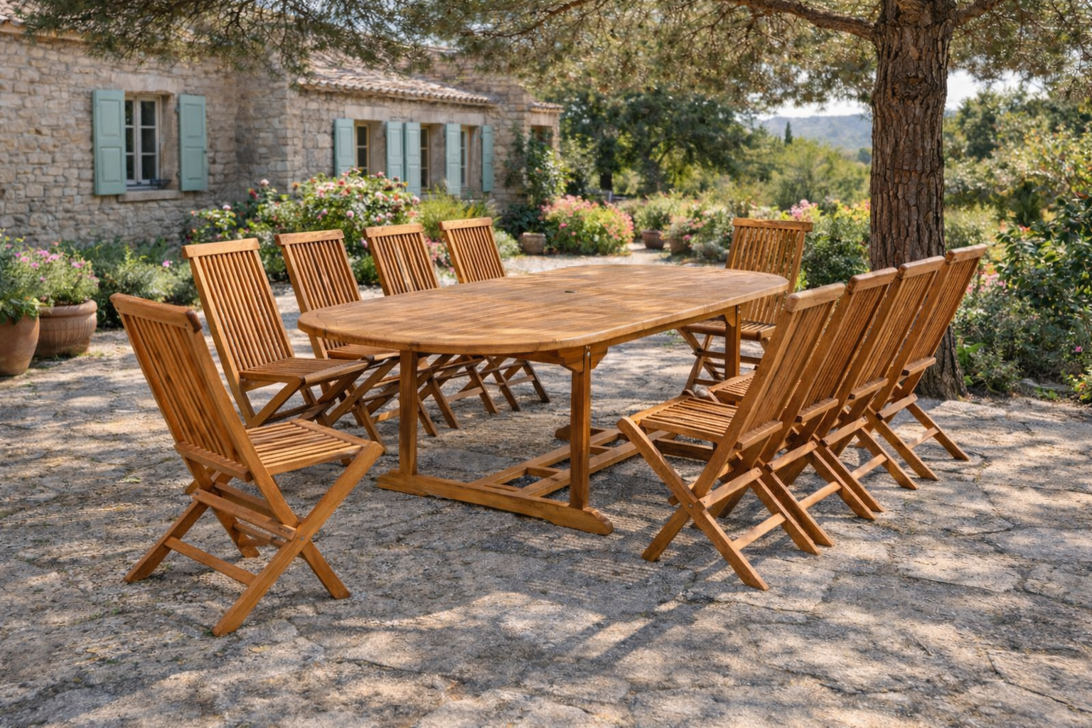 concept-usine-lubok-10-ovale-salon-jardin-teck-10-chaises-extensible image 1