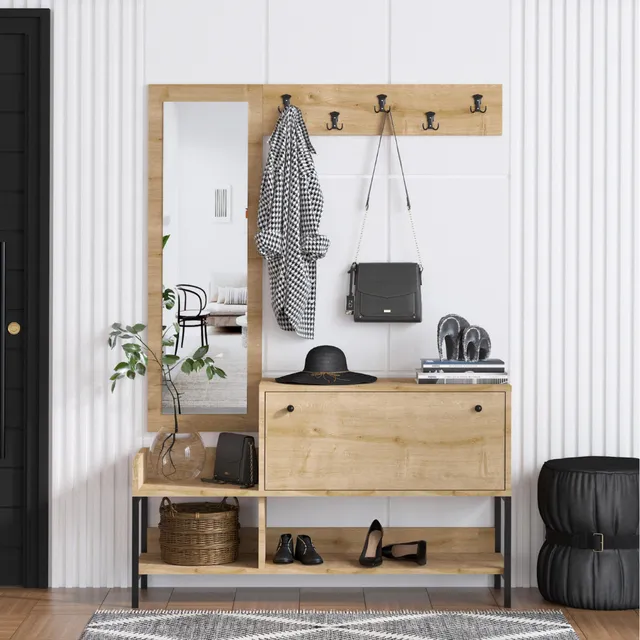concept-usine-dragor-meuble-d-entr-e-bois-miroir-industriel image 1