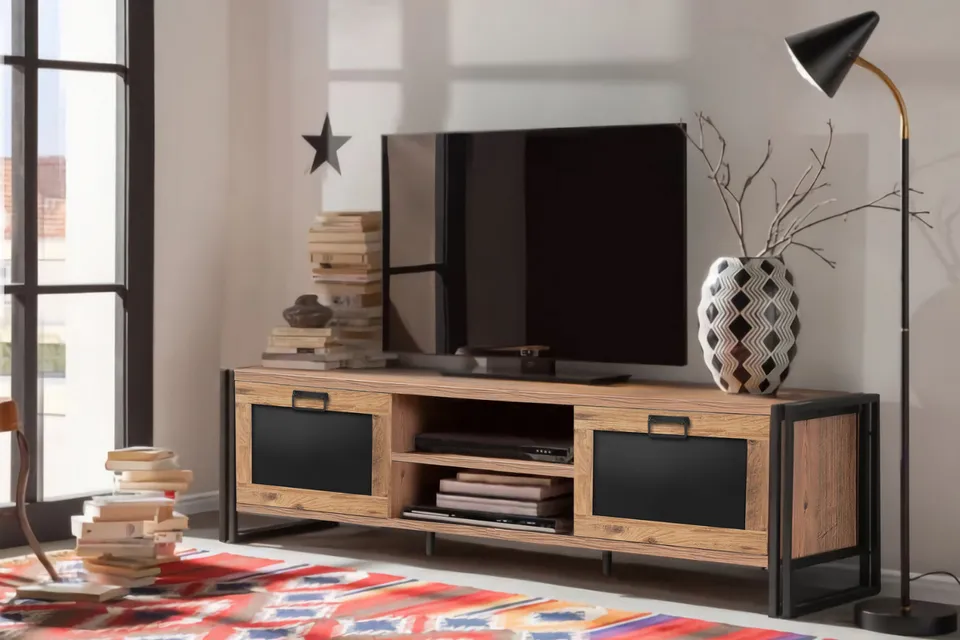 concept-usine-syn-meuble-tv-180-cm-bois-noir-industriel image 1