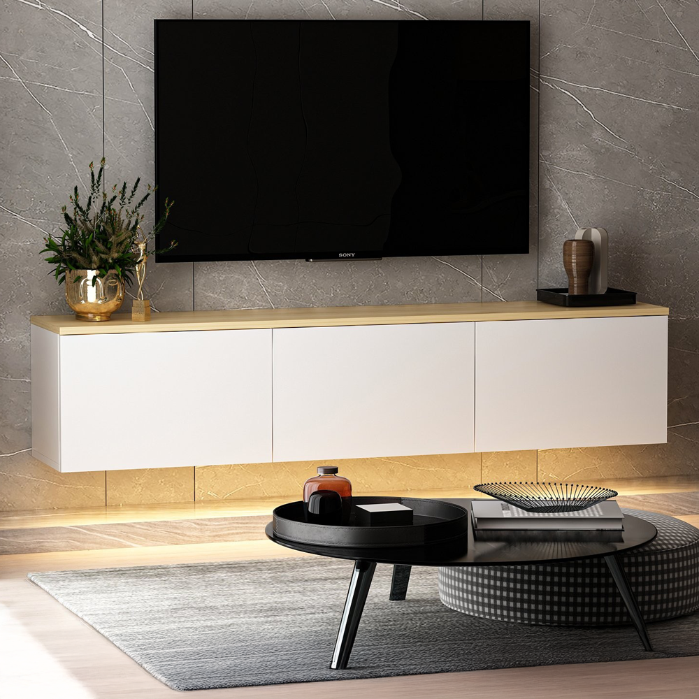 concept-usine-lumi-meuble-tv-suspendu-blanc-bois-led-160-cm image 3