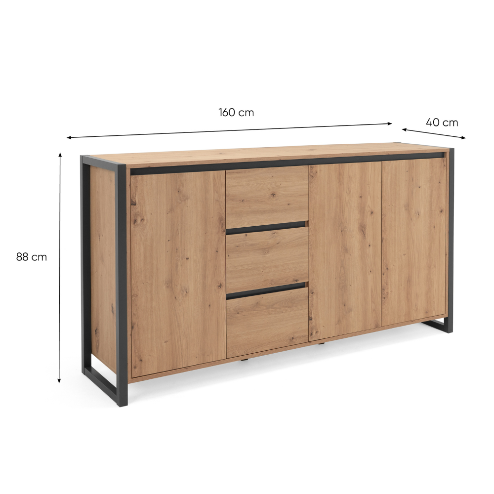 concept-usine-kotor-buffet-bois-ch-ne-160-cm-industriel-tiroirs image 3