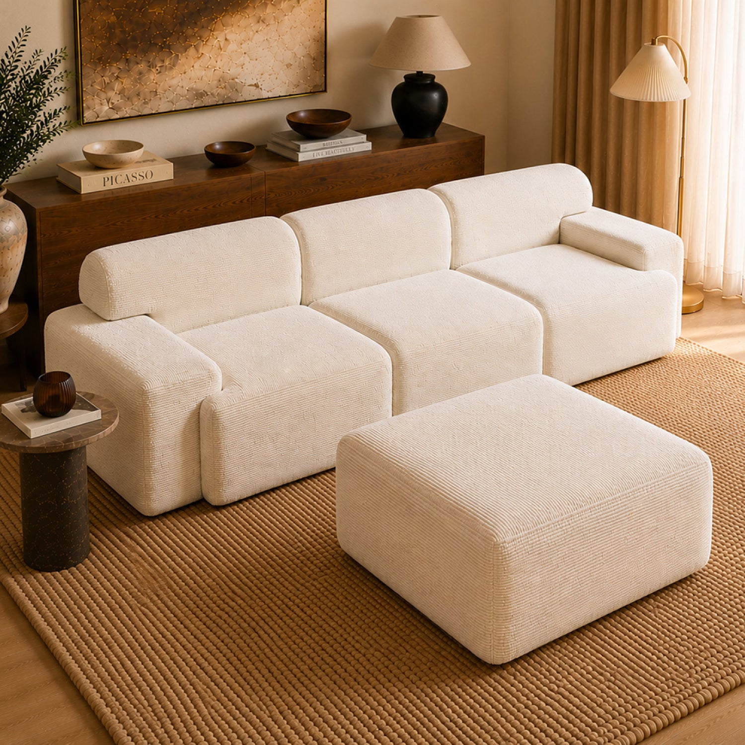 concept-usine-sheffy-canap-4-places-velours-c-tel-beige-avec-pouf image 2