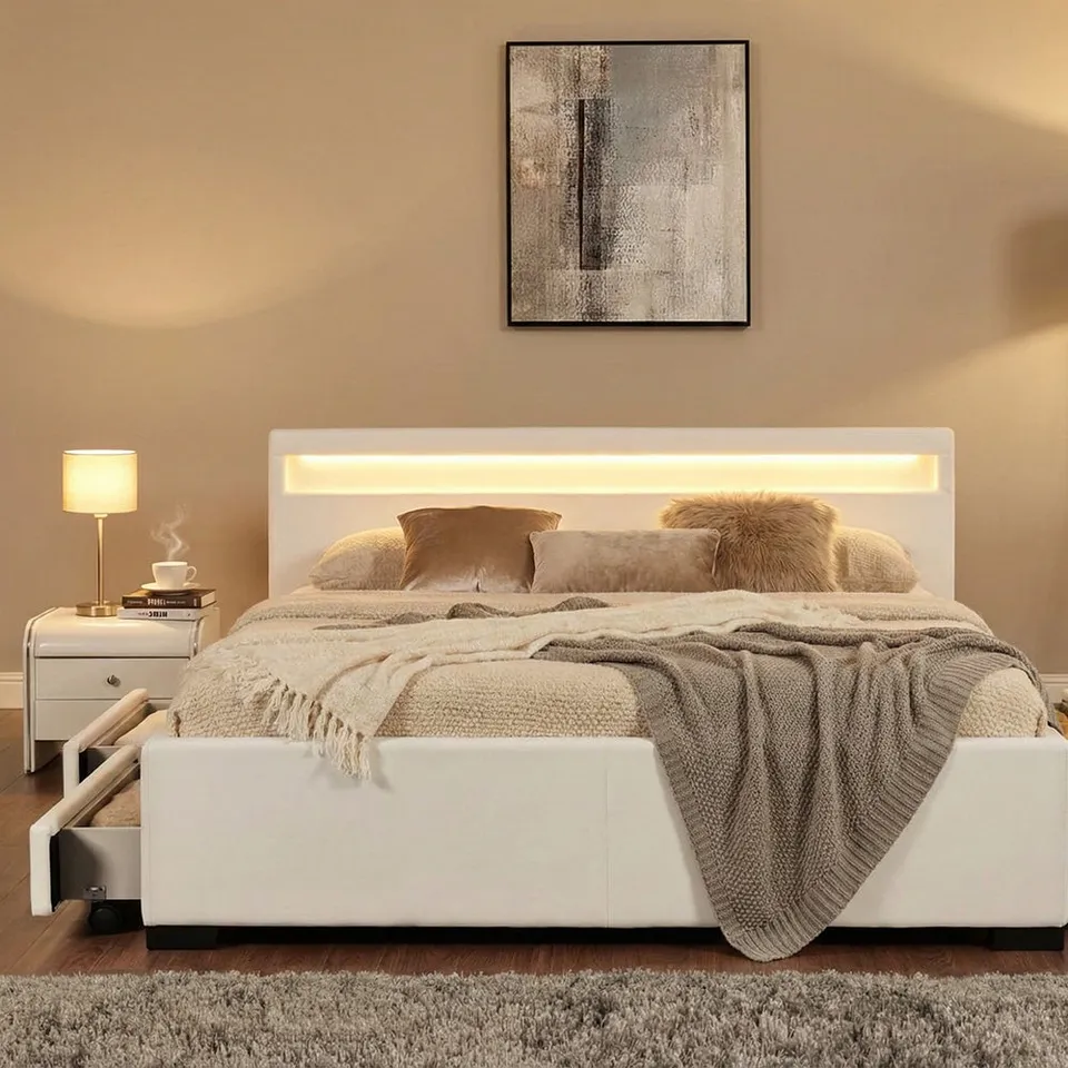 concept-usine-enfield-lit-tiroirs-led-140x190-simili-blanc image 1
