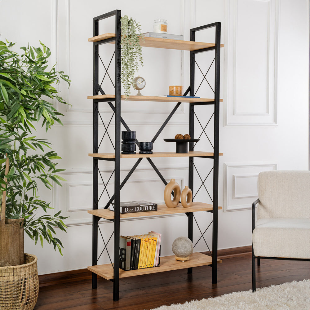 concept-usine-elysian-biblioth-que-bois-m-tal-180-cm-industriel image 1