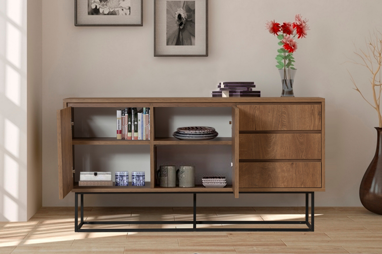concept-usine-sabinov-buffet-140-cm-noir-et-bois-avec-portes image 3
